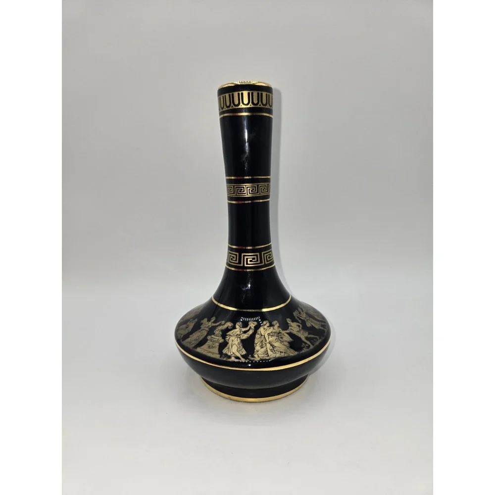 Greek Porcelain Vase‎ Black Gold 24K Gilt Classical Greek Scene Hand Made Greece